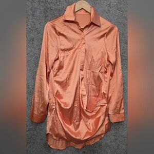 Women Lapel Neck Single Breasted Pullover Satin Bodycon Mini Dress Party Shirt